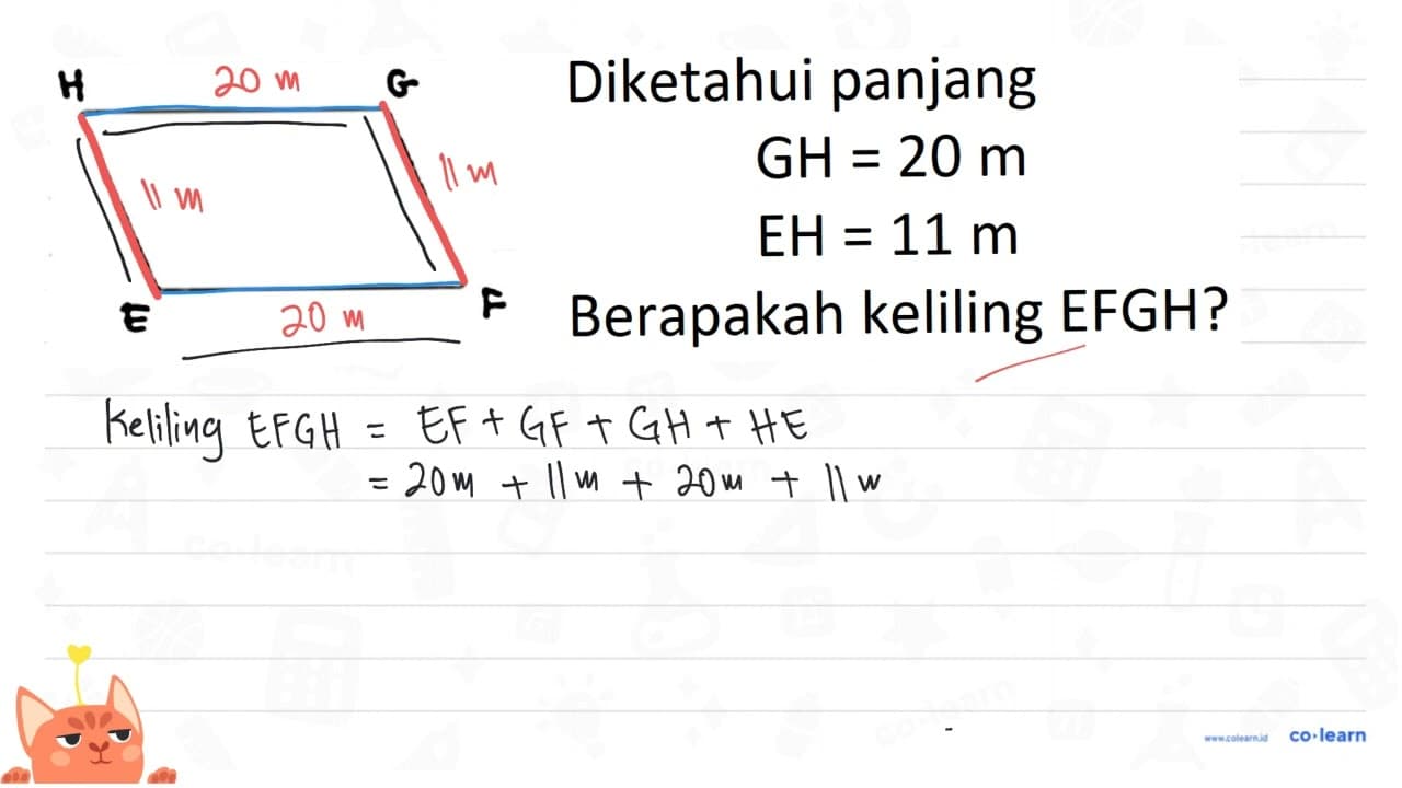 H G E F Diketahui panjang GH = 20 m EH = 11 m Berapakah