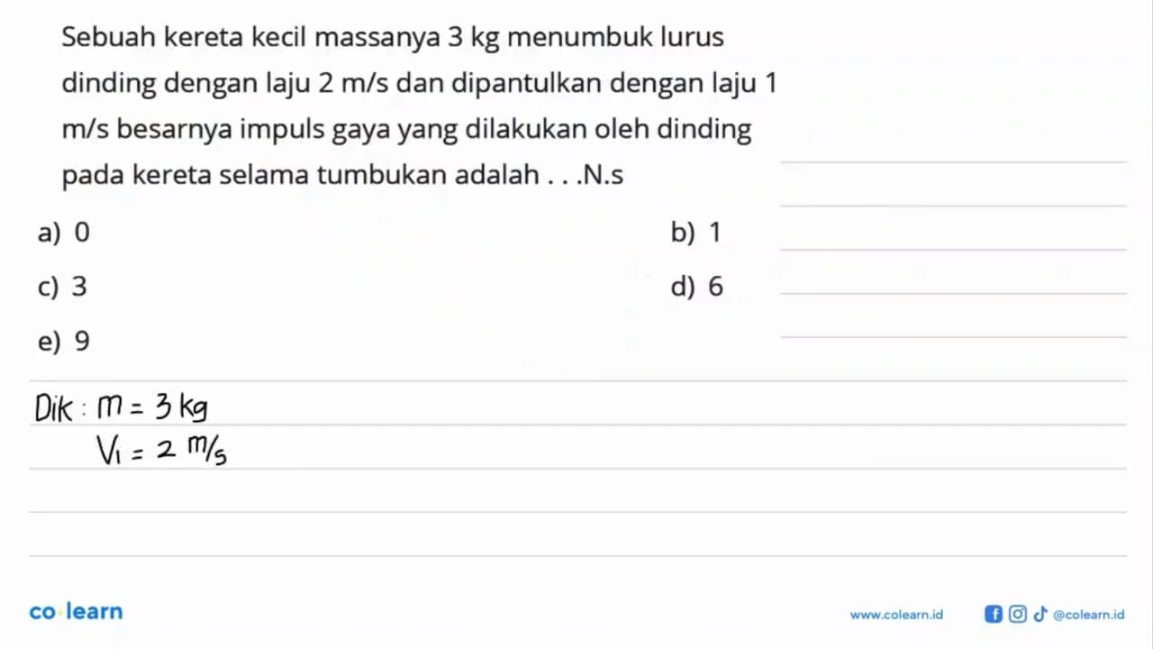 Sebuah kereta kecil massanya 3 kg menumbuk lurus dinding