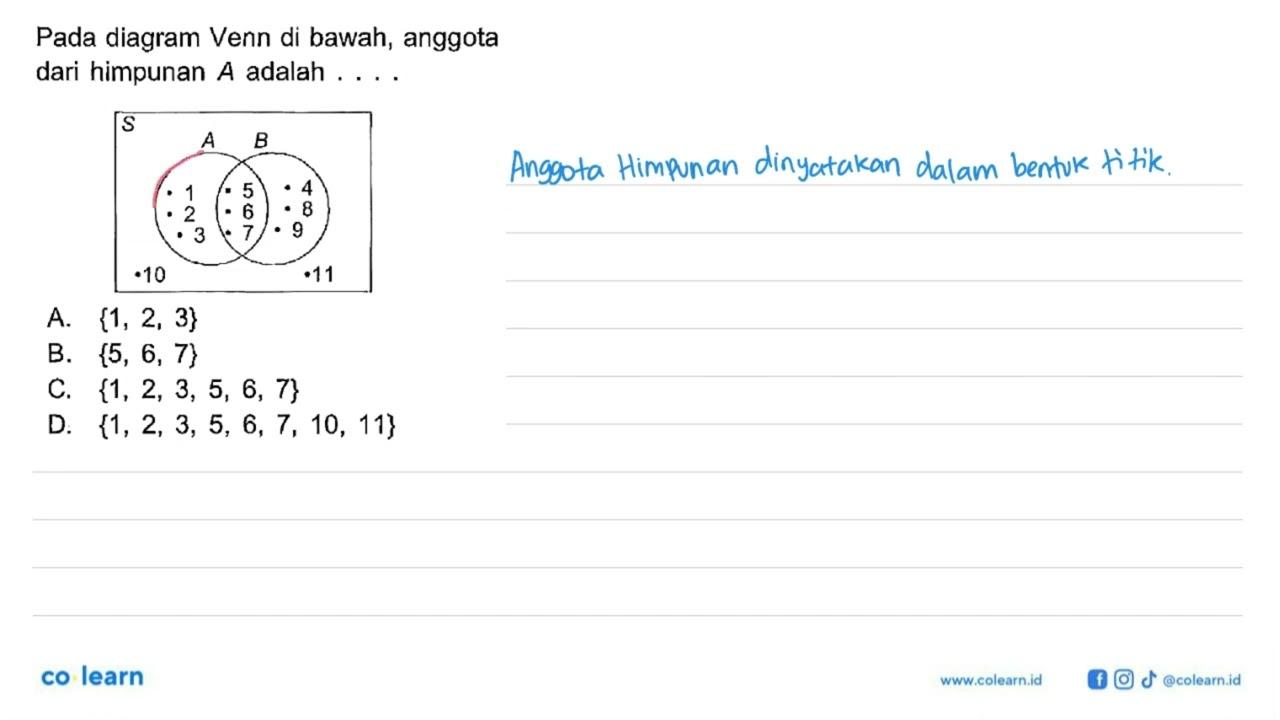 Pada diagram Venn di bawah, anggota dari himpunan A adalah