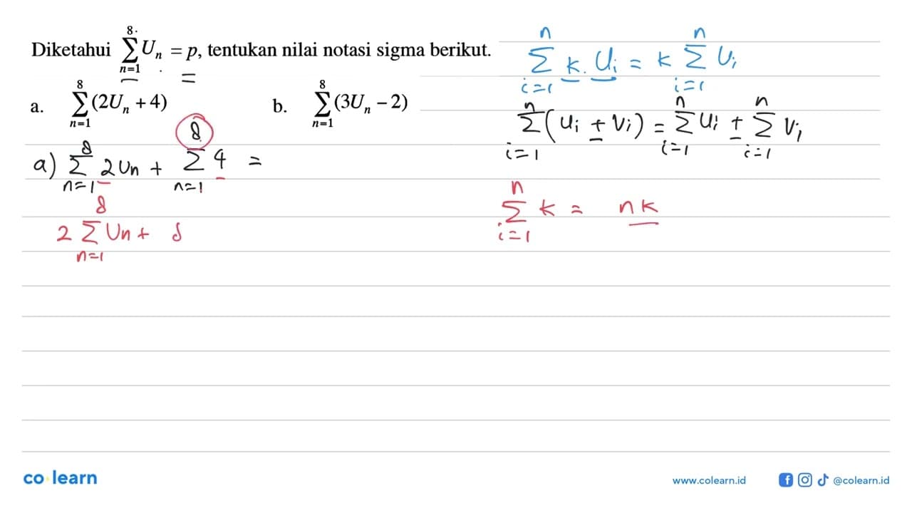 Diketahui sigma n=1 8 Un=p, tentukan nilai notasi sigma