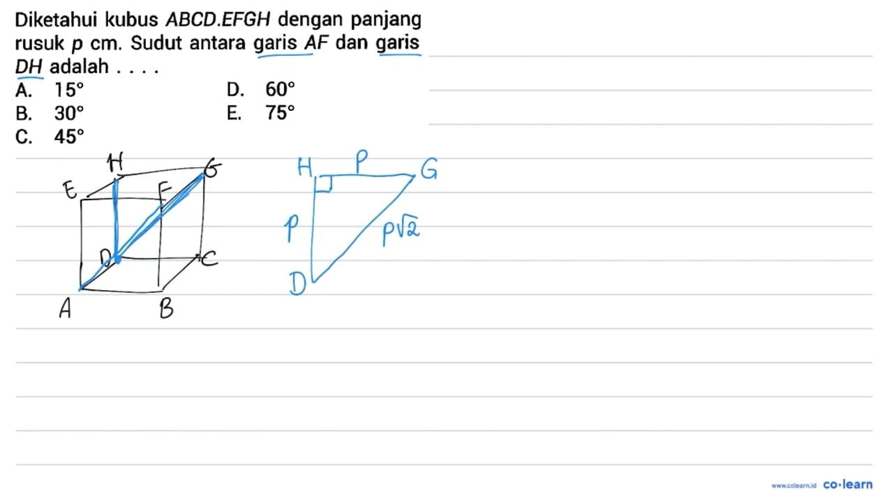 Diketahui kubus A B C D . E F G H dengan panjang rusuk p cm