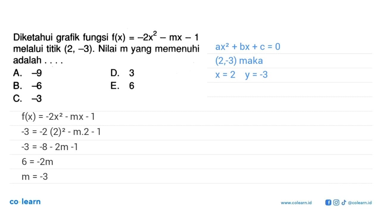 Diketahui grafik fungsi f(x) = -2x^2 - mx - 1 melalui titik