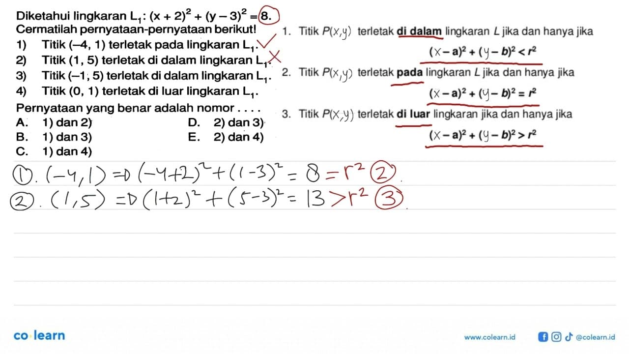 Diketahui lingkaran L1:(x+2)^2+(y-3)^2=8 Cermatilah