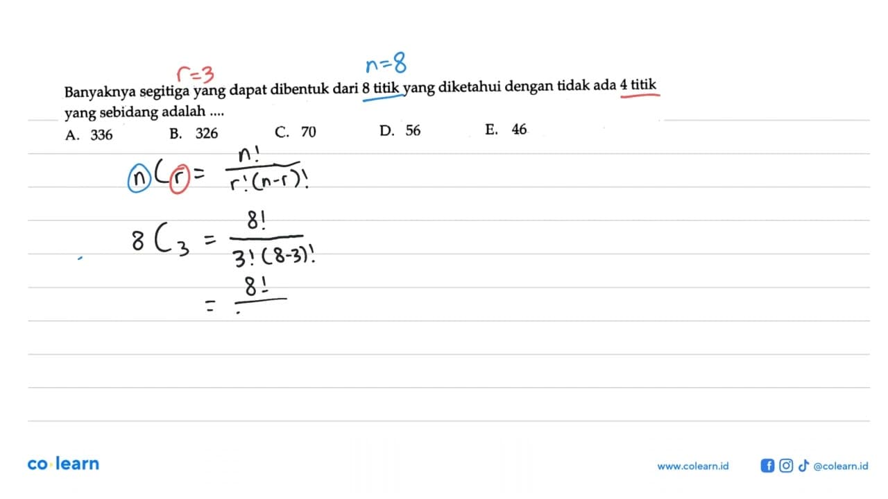 Banyaknya segitiga yang dapat dibentuk dari 8 titik yang