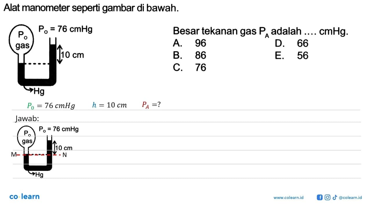 Alat manometer seperti gambar di bawah. P0 = 76 cmHg P0 gas