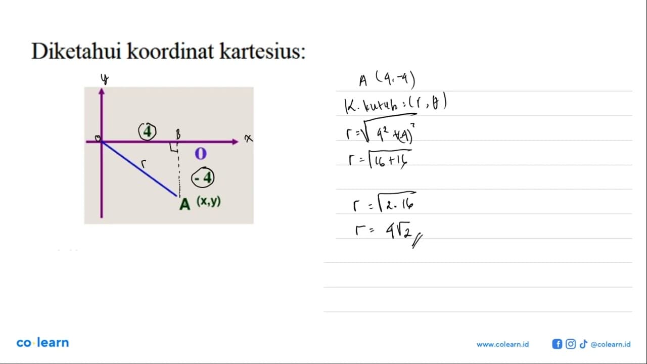 Diketahui koordinat kartesius: 4 0 -4 A (x,y) Titik A(4,-4)