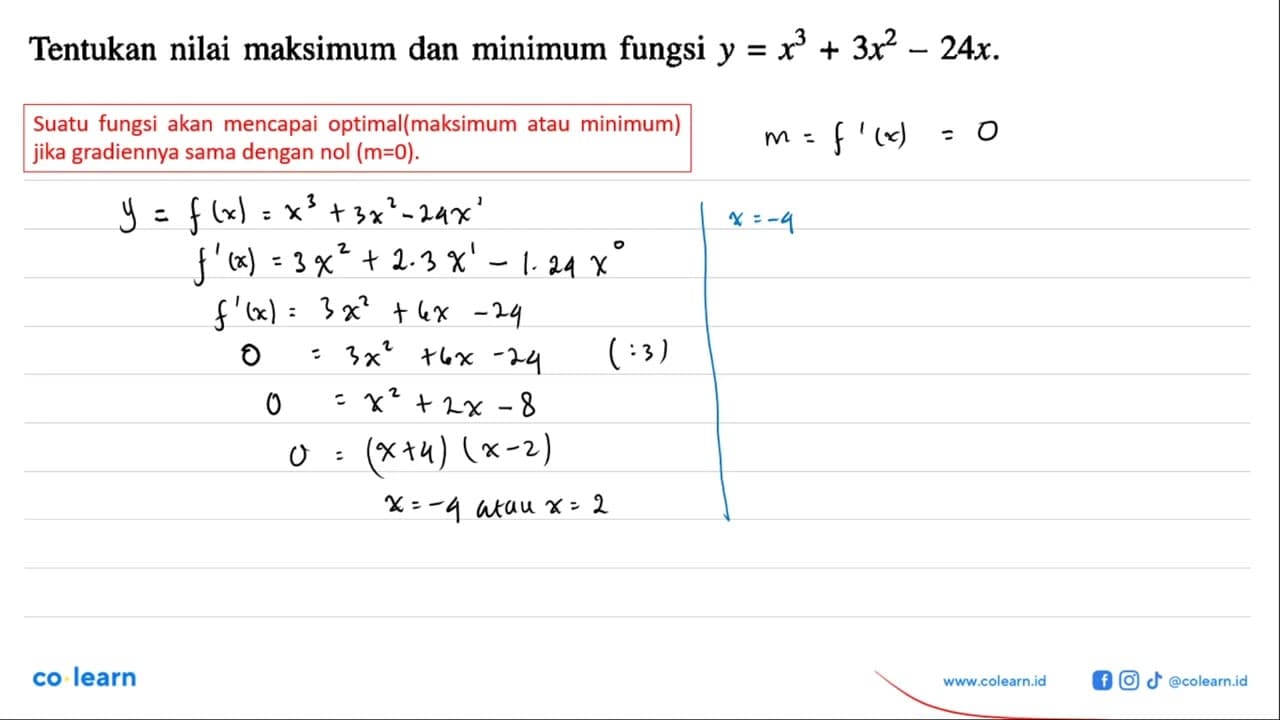 Tentukan nilai maksimum dan minimum fungsi y=x^3+3x^2-24x.