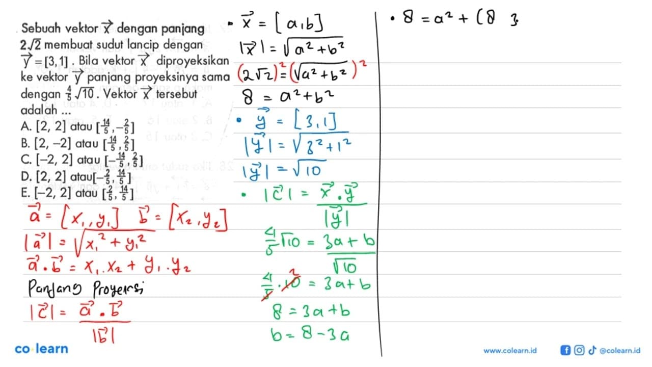 Sebuah vektor x dengan panjang 2 akar(2) membuat sudut