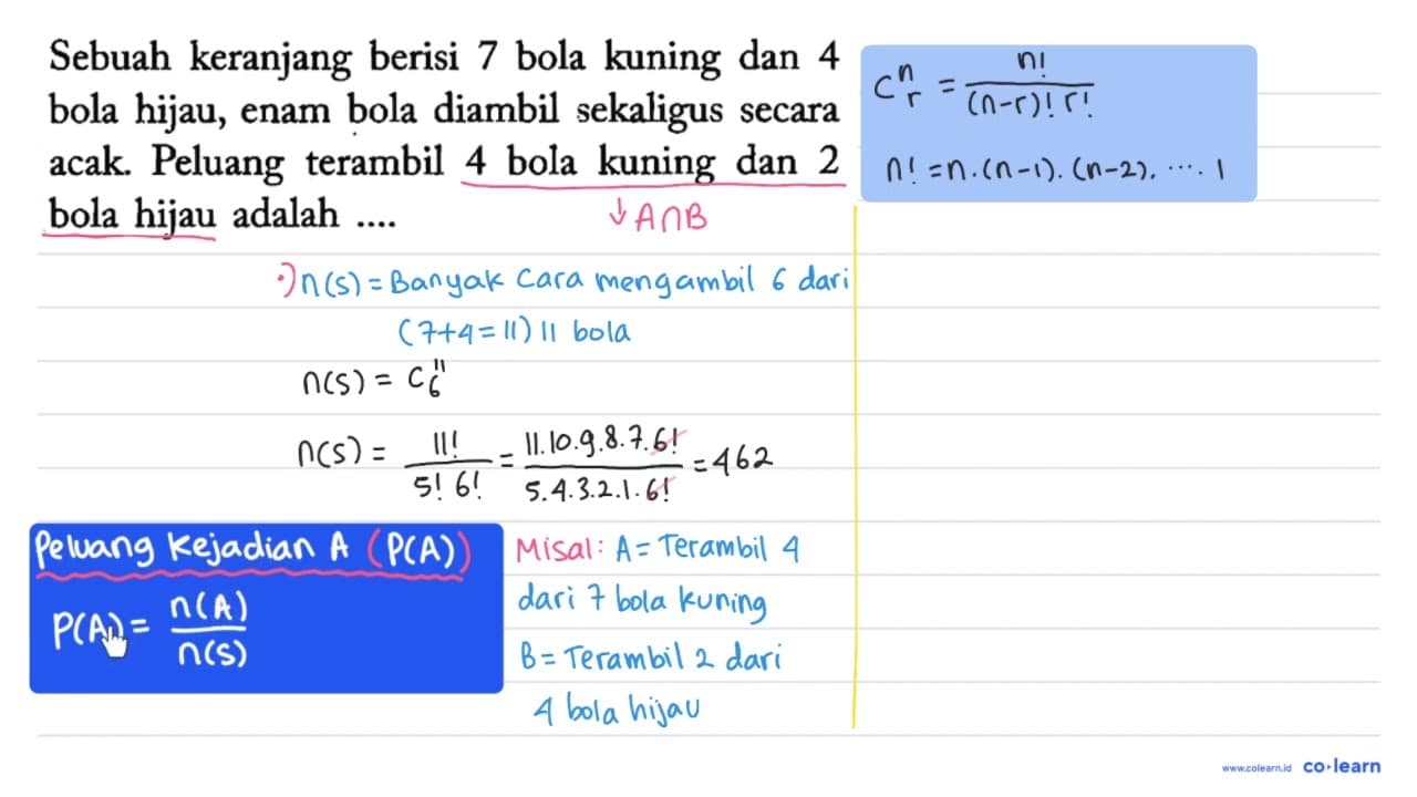 Sebuah keranjang berisi 7 bola kuning dan 4 bola hijau,