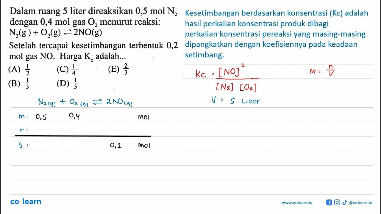 Dalam ruang 5 liter direaksikan 0,5 mol N2 dengan 0,4 mol