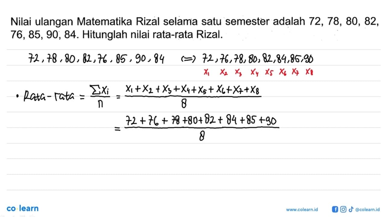 Nilai ulangan Matematika Rizal selama satu semester adalah