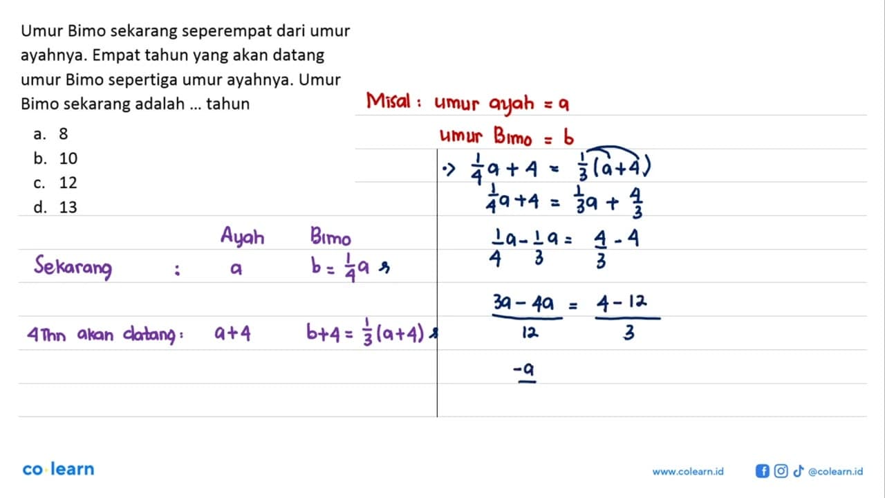 Umur Bimo sekarang seperempat dari umur ayahnya. Empat