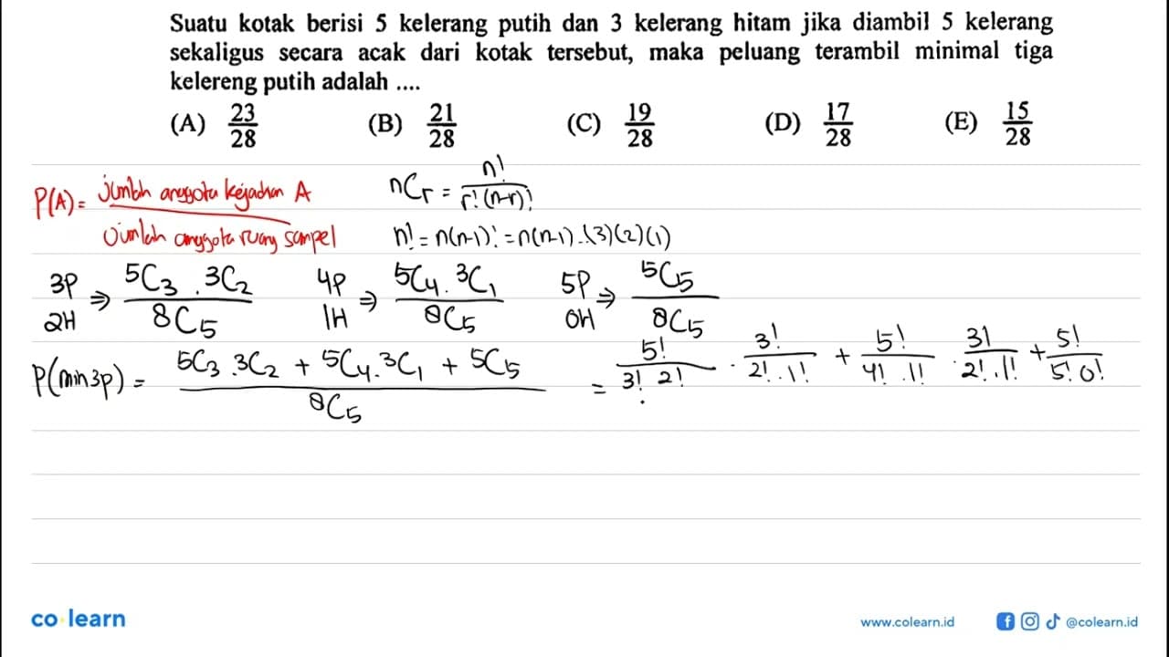 Suatu kotak berisi 5 kelereng putih dan 3 kelerang hitam