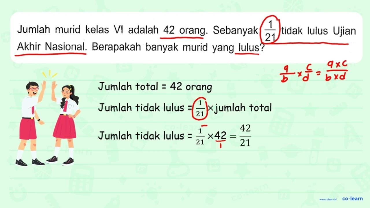 Jumlah murid kelas VI adalah 42 orang. Sebanyak 1/21 tidak