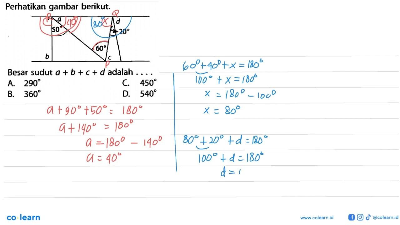 Perhatikan gambar berikut. a b c d 50 40 20 Besar sudut