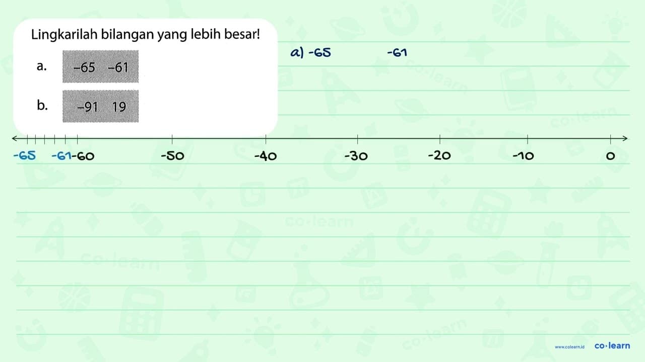 Lingkarilah bilangan yang lebih besar! a. -65 -61 b. -91 19