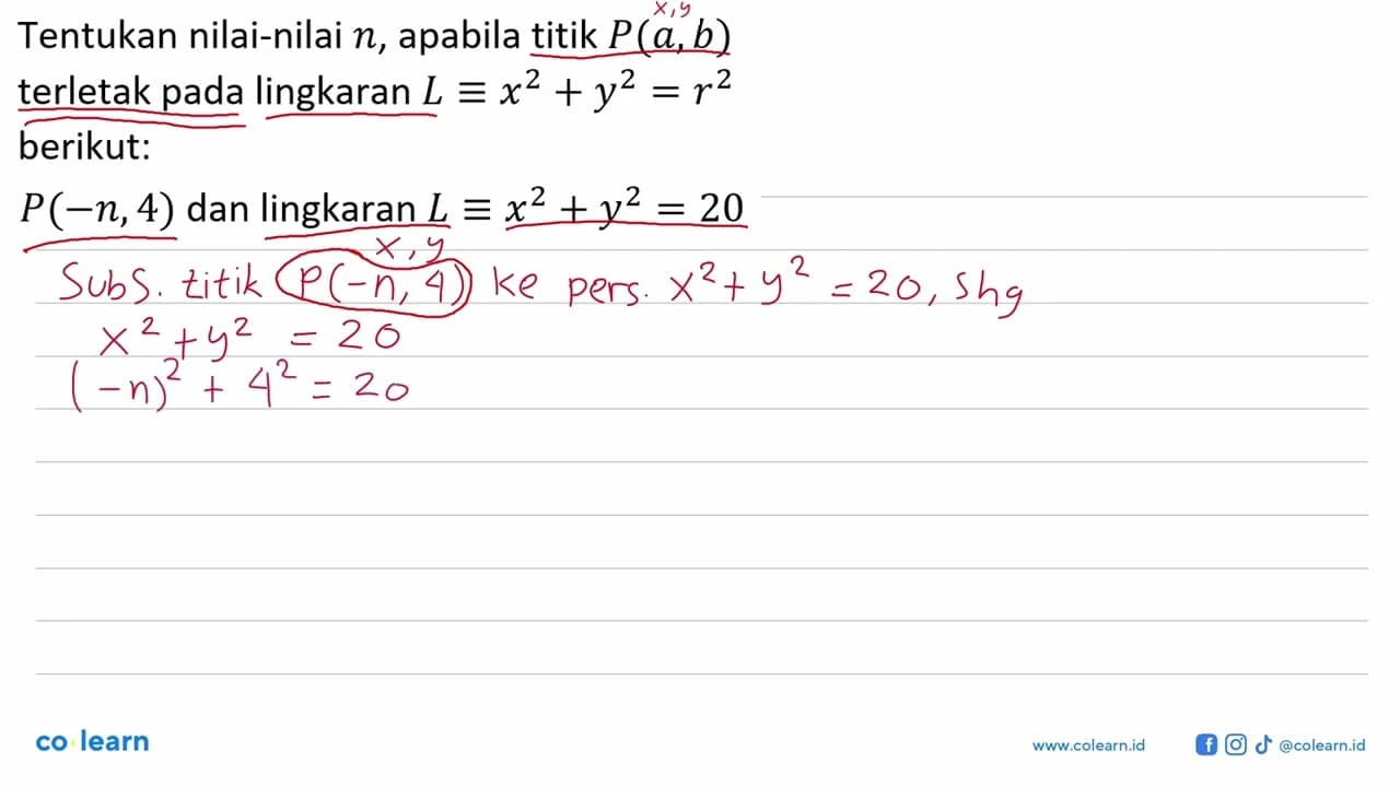 Tentukan nilai-nilai n , apabila titik P(a, b) terletak