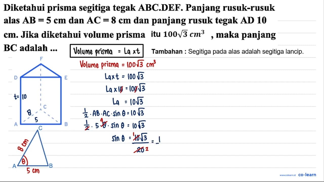 Diketahui prisma segitiga tegak ABC.DEF. Panjang