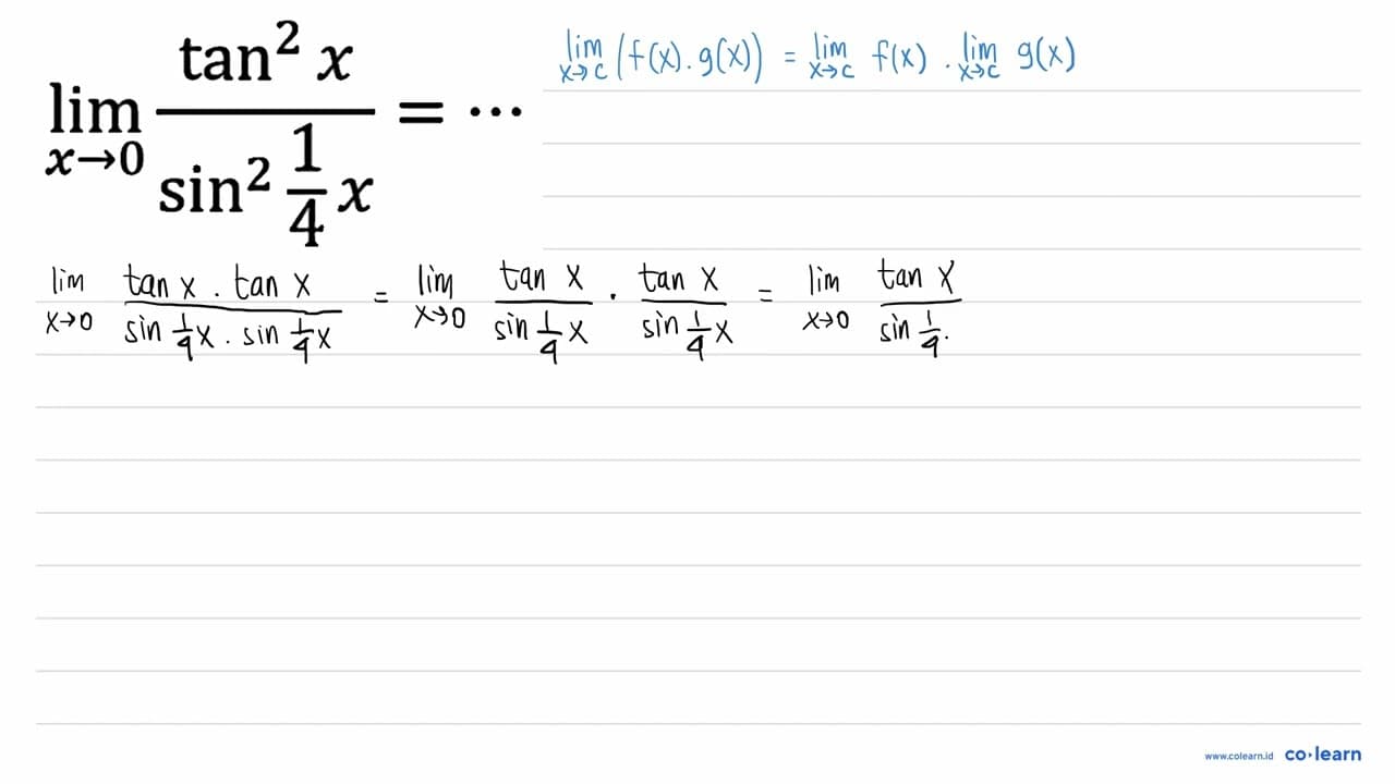 lim _(x -> 0) (tan ^(2) x)/(sin ^(2) (1)/(4) x)=..