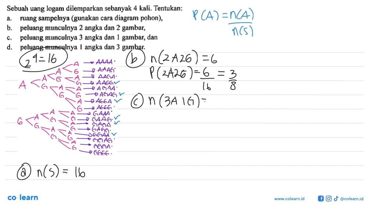 Sebuah uang logam dilemparkan sebanyak 4 kali. Tentukan: a.