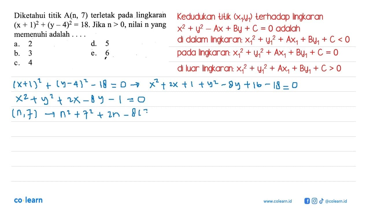 Diketahui titik A(n, 7) terletak pada lingkaran