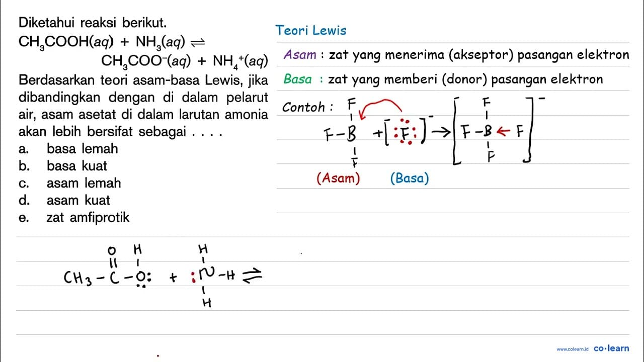 Diketahui reaksi berikut. CH3COOH(aq) + NH3(aq) <=>