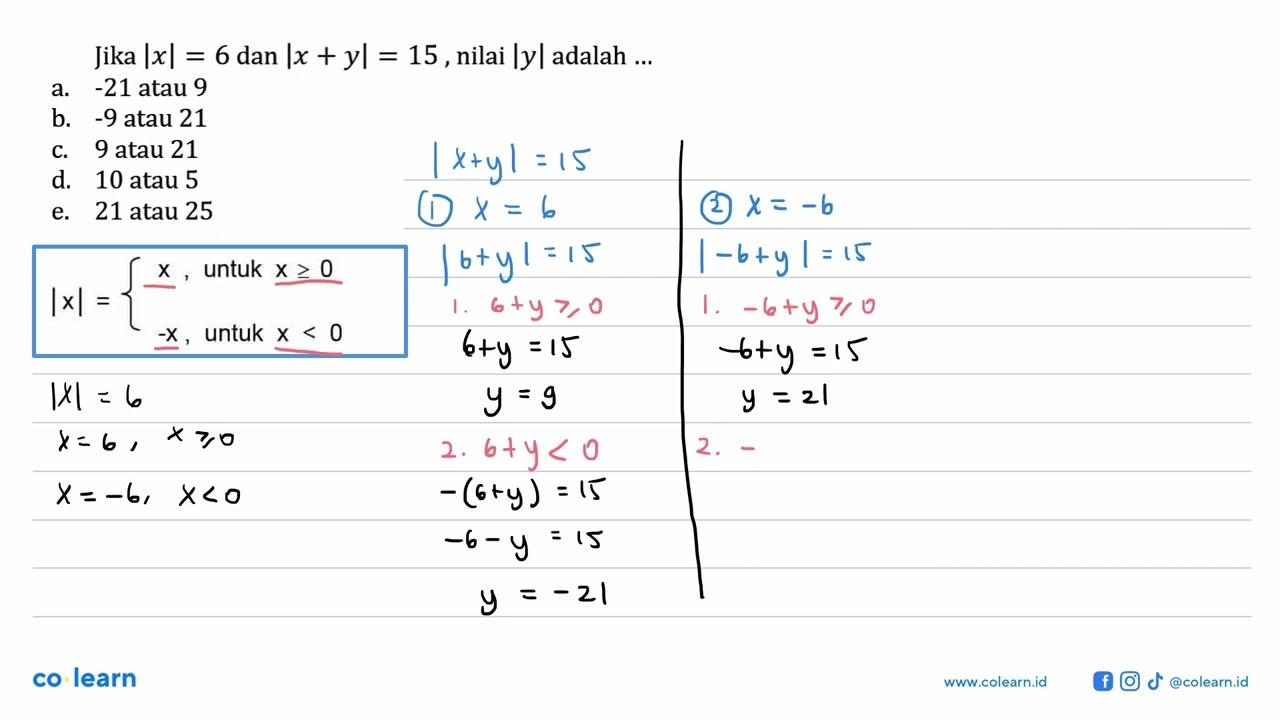 Jika |x|=6 dan |x+y|=15, nilai |y| adalah ....