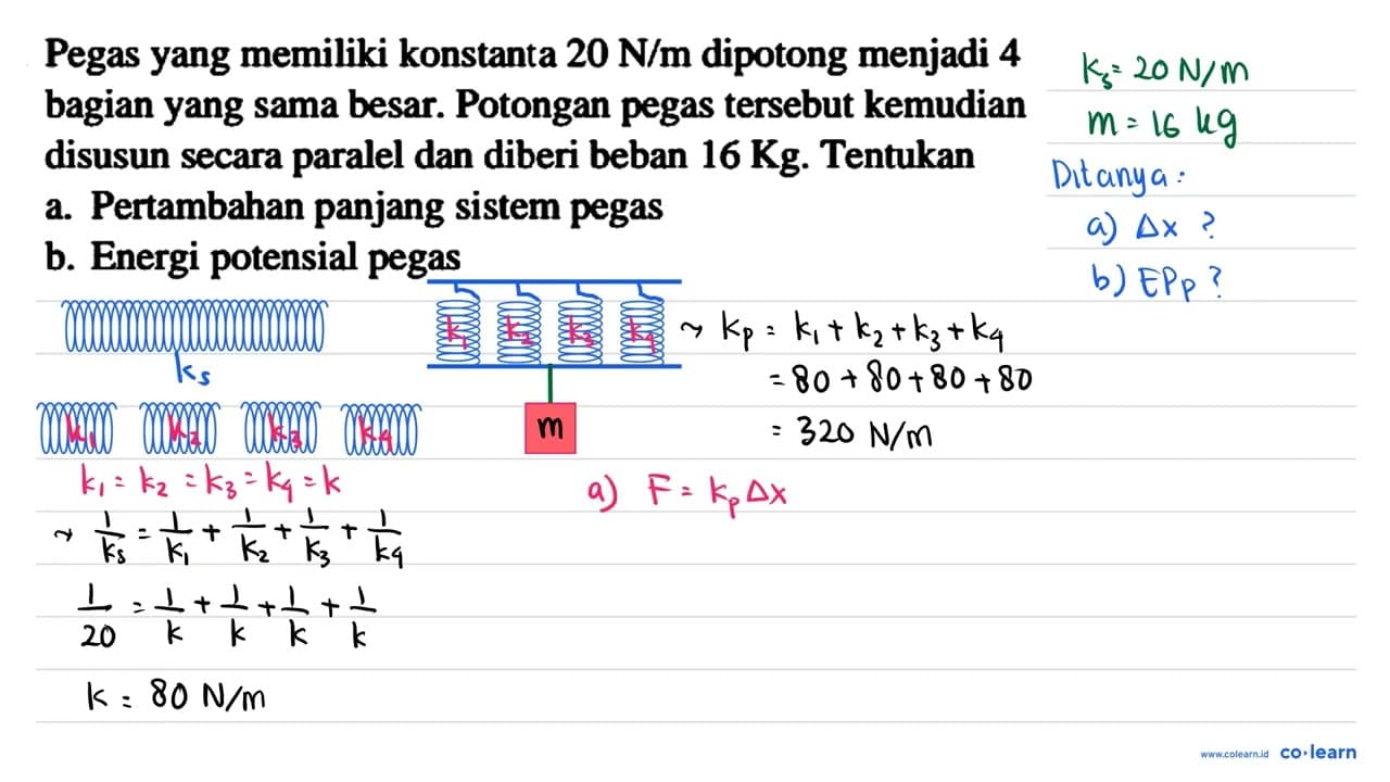 Pegas yang memiliki konstanta 20 ~N / m dipotong menjadi 4