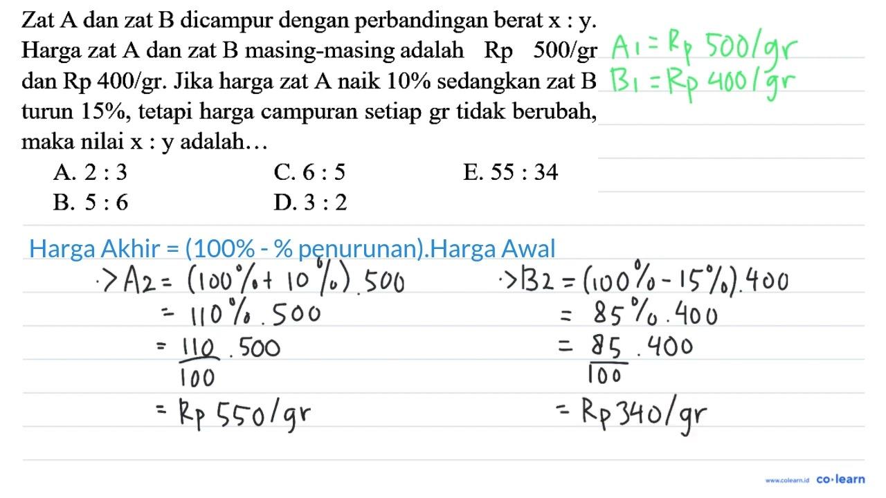 Zat A dan zat B dicampur dengan perbandingan berat x: y .