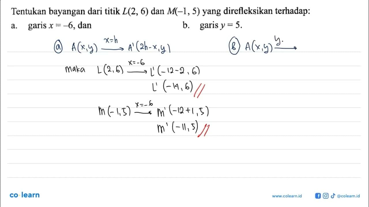 Tentukan bayangan dari titik L(2,6) dan M(-1,5) yang