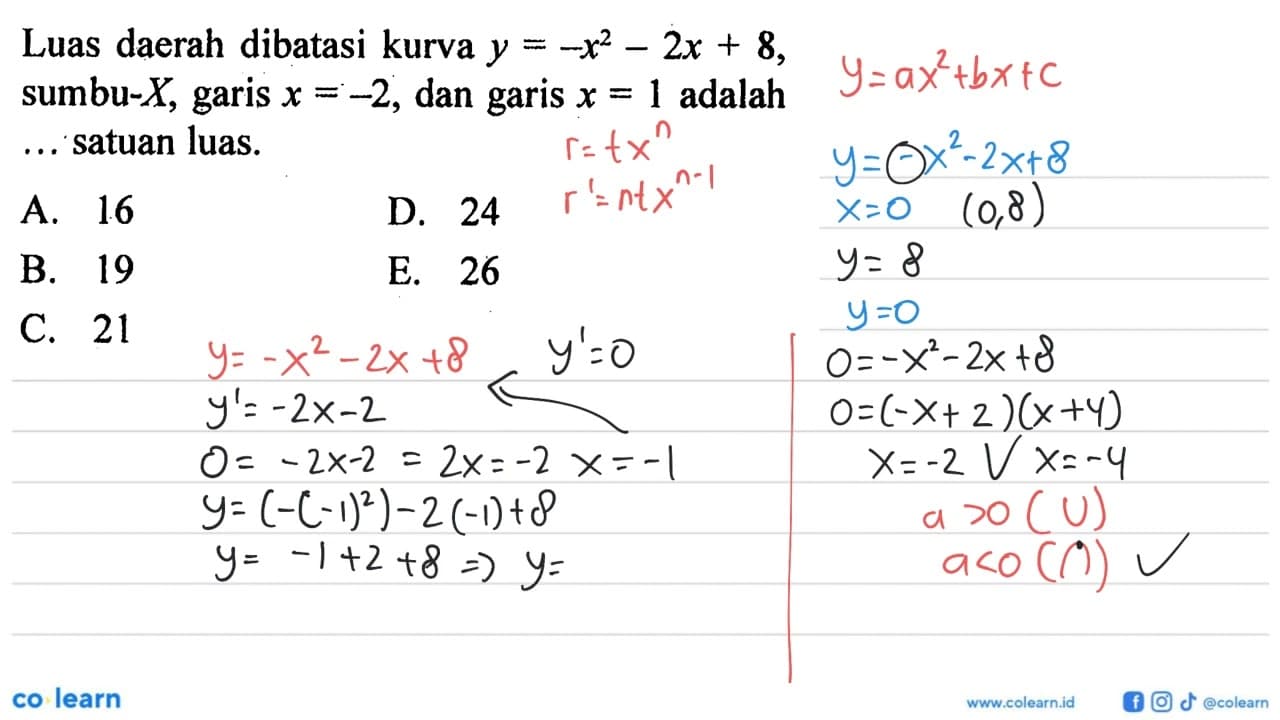 Luas daerah dibatasi kurva y=-x^2-2x+8, sumbu-X, garis