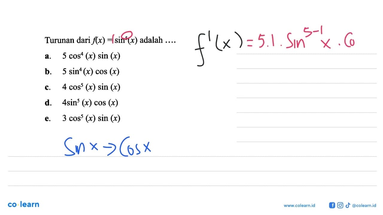 Turunan dari f(x)=sin^5(x) adalah ....