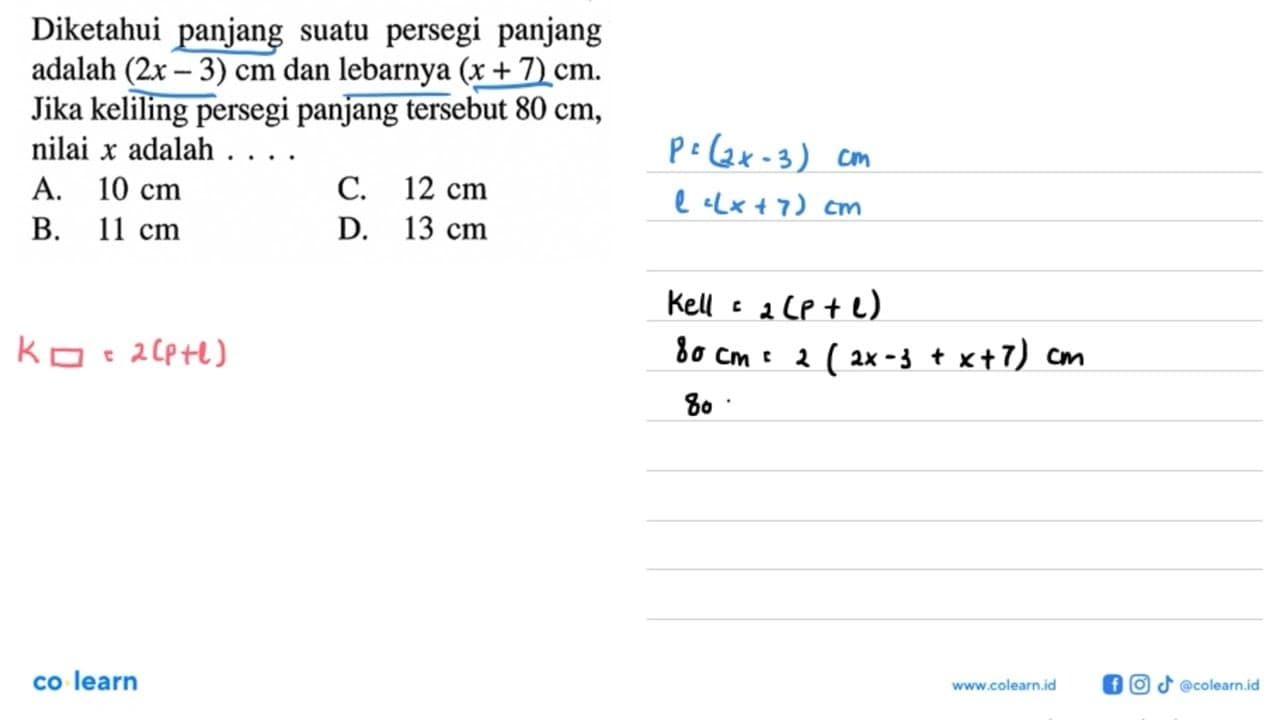 Diketahui panjang suatu persegi panjang adalah (2x-3) cm