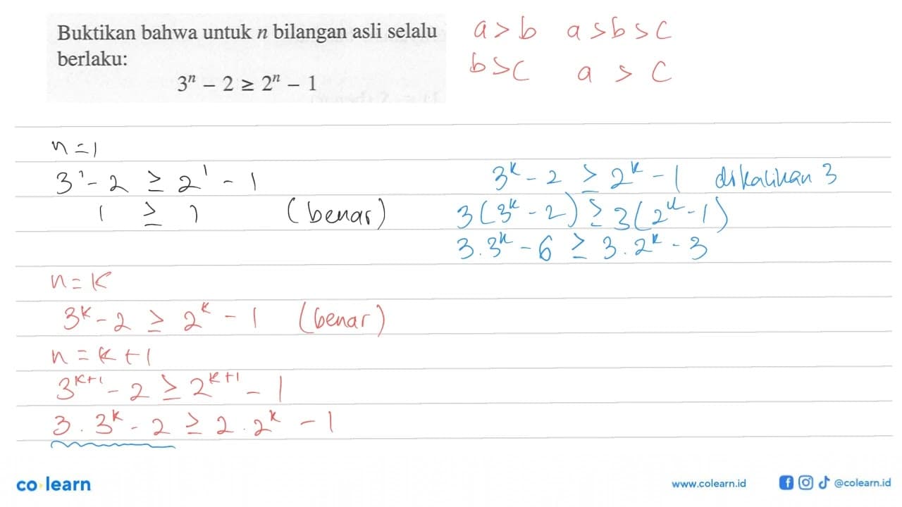 Buktikan bahwa untuk n bilangan asli selalu berlaku: 3^n-2