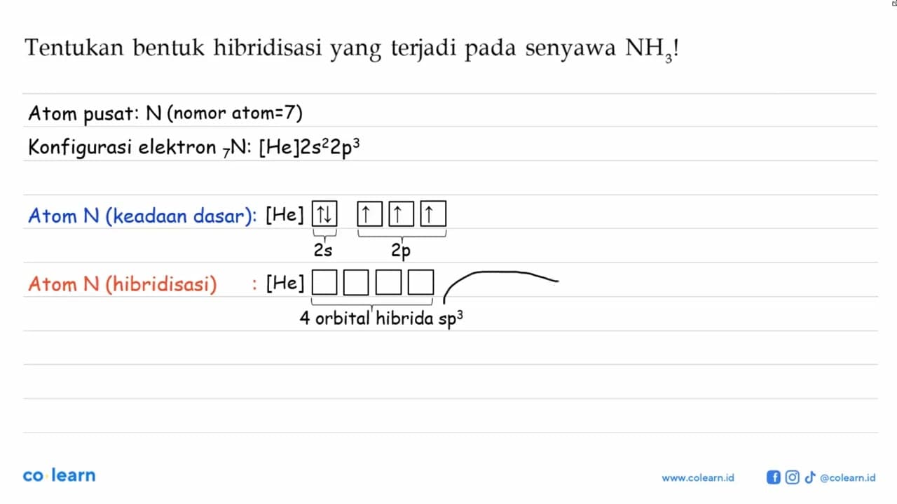 Tentukan bentuk hibridisasi yang terjadi pada senyawa NH3!