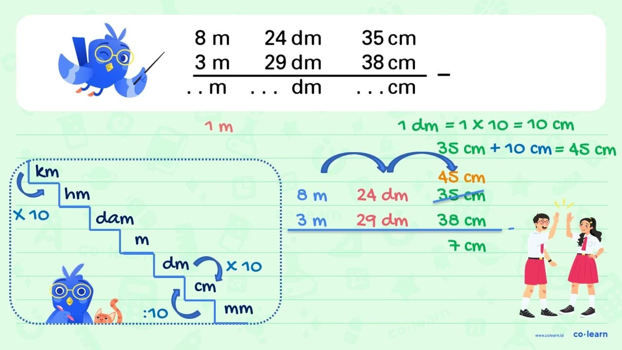 8 m 24dm 35cm - 3 m 29 dm 38 cm = ... m ... dm .... cm