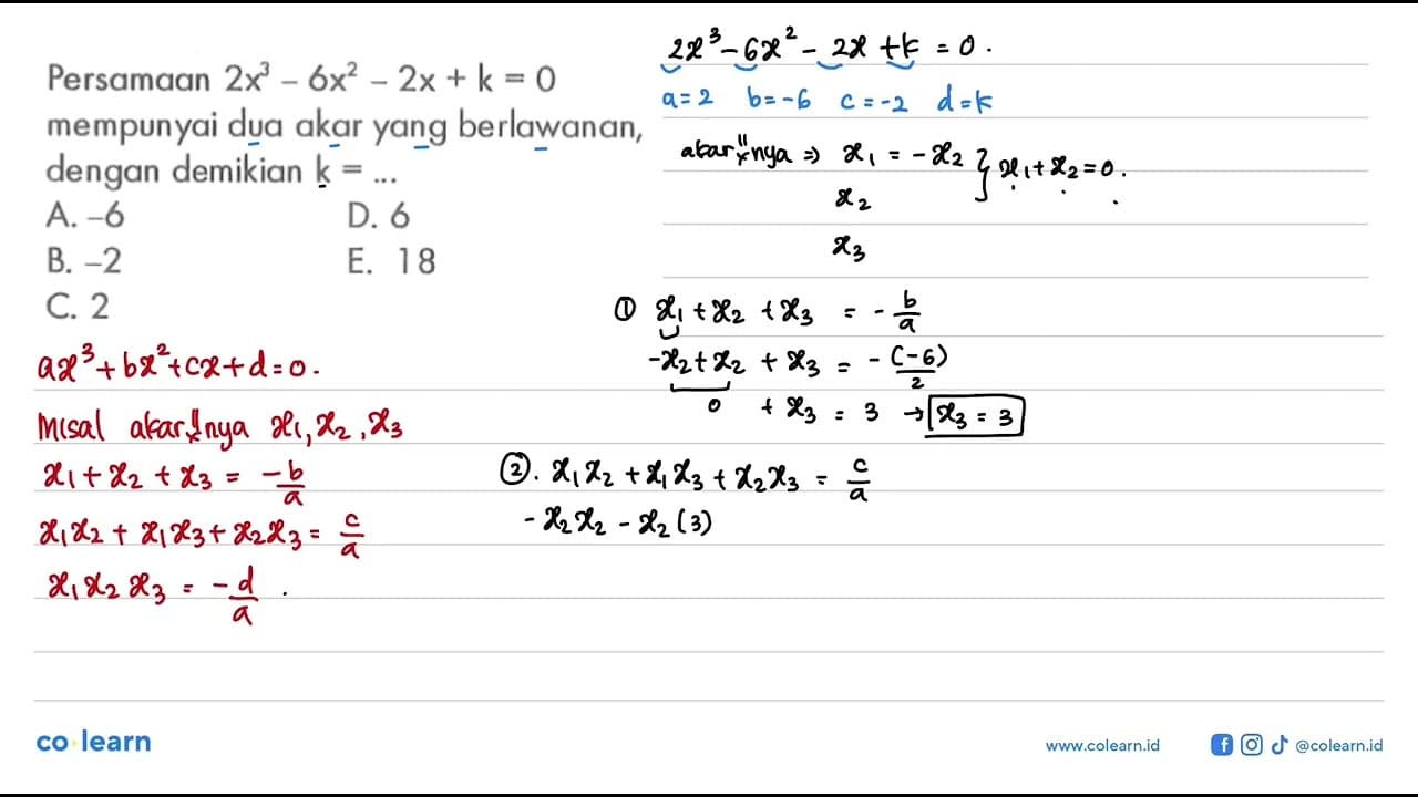 Persamaan 2x^3 - 6x^2 - 2x + k = 0 mempunyai dua akar yang