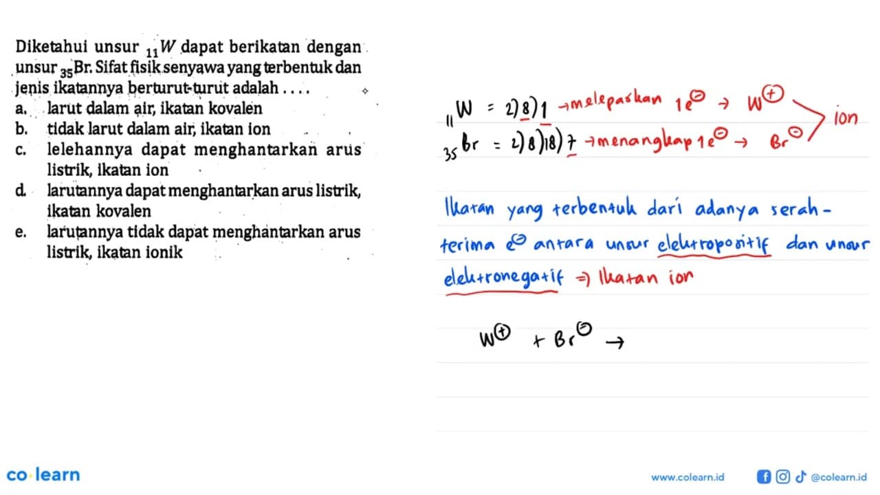 Diketahui unsur 11W dapat berikatan dengan unsur 35Br.