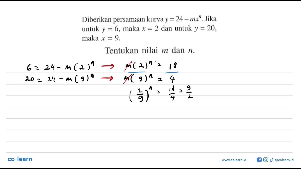 Diberikan persamaan kurva y=24-mx^n. Jika untuk y=6, maka