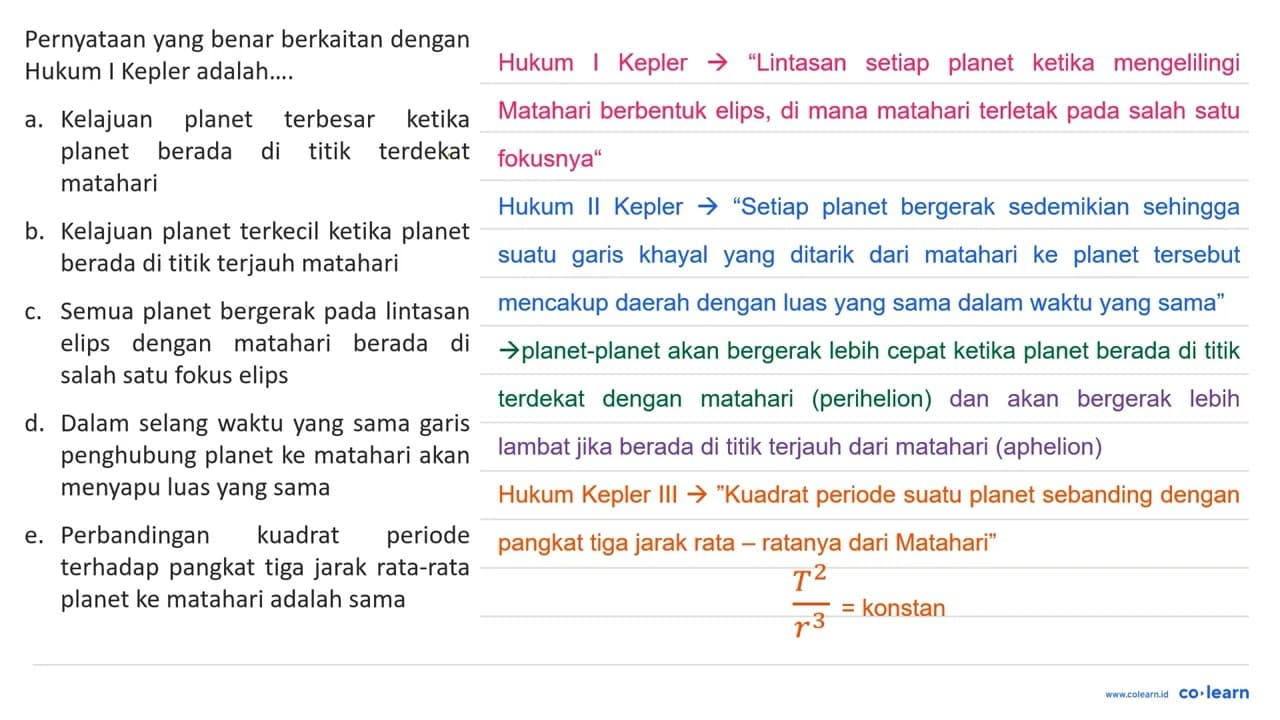 PernyatAn yang benar mengenai bunyi Hukum I Kepler yaitu