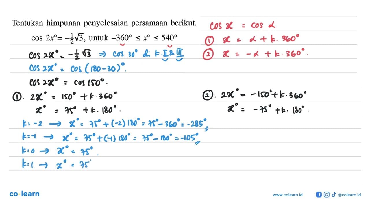 Tentukan himpunan penyelesaian persamaan berikut.cos 2