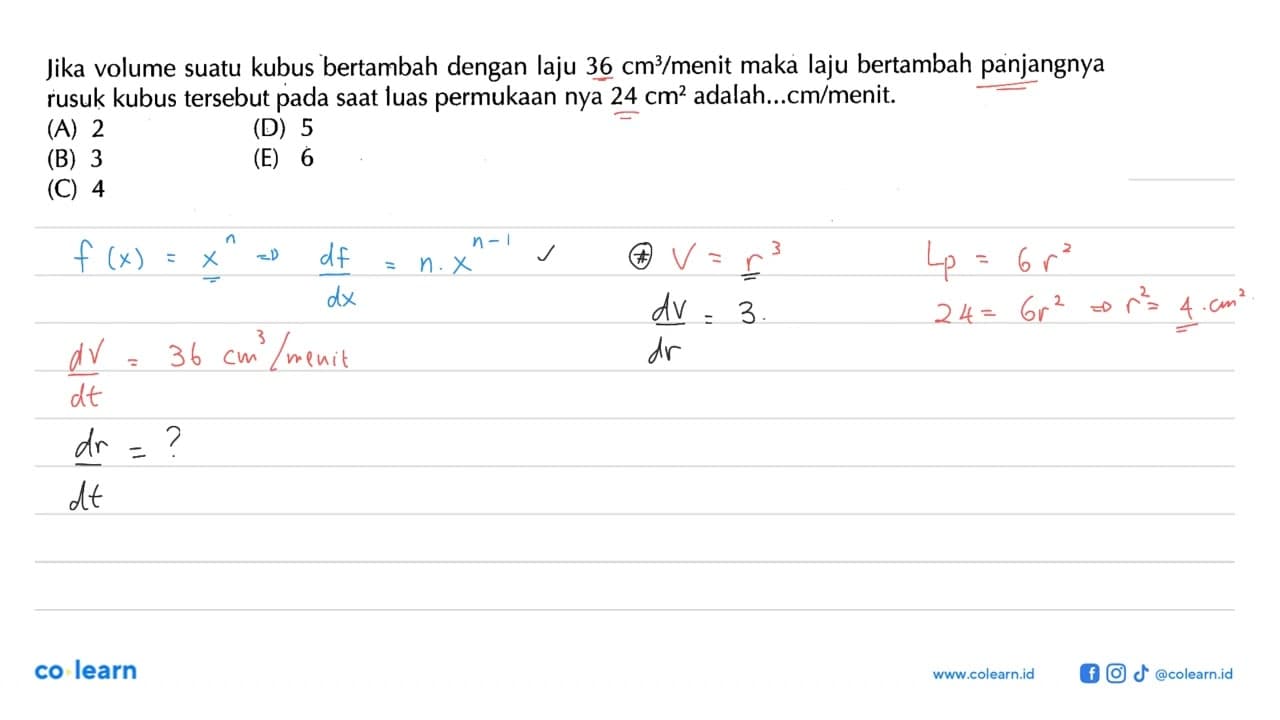 Jika volume suatu kubus bertambah dengan laju 36 cm^3