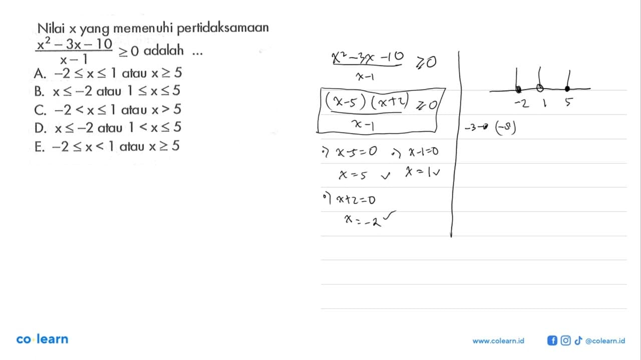 Nilai x yang memenuhi pertidaksamaan (x^2-3x -10)/(x-1)