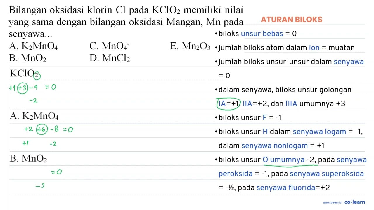 Bilangan oksidasi klorin Cl pada KClO_(2) memiliki nilai