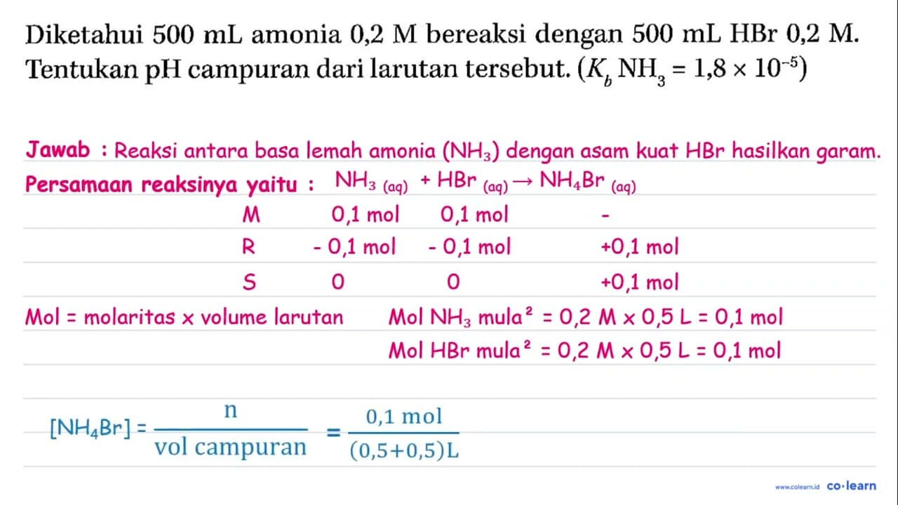 Diketahui 500 mL amonia 0,2 M bereaksi dengan 500 mL HBr