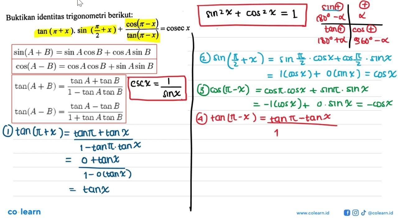 Buktikan identitas trigonometri berikut:tan (pi+x) . sin