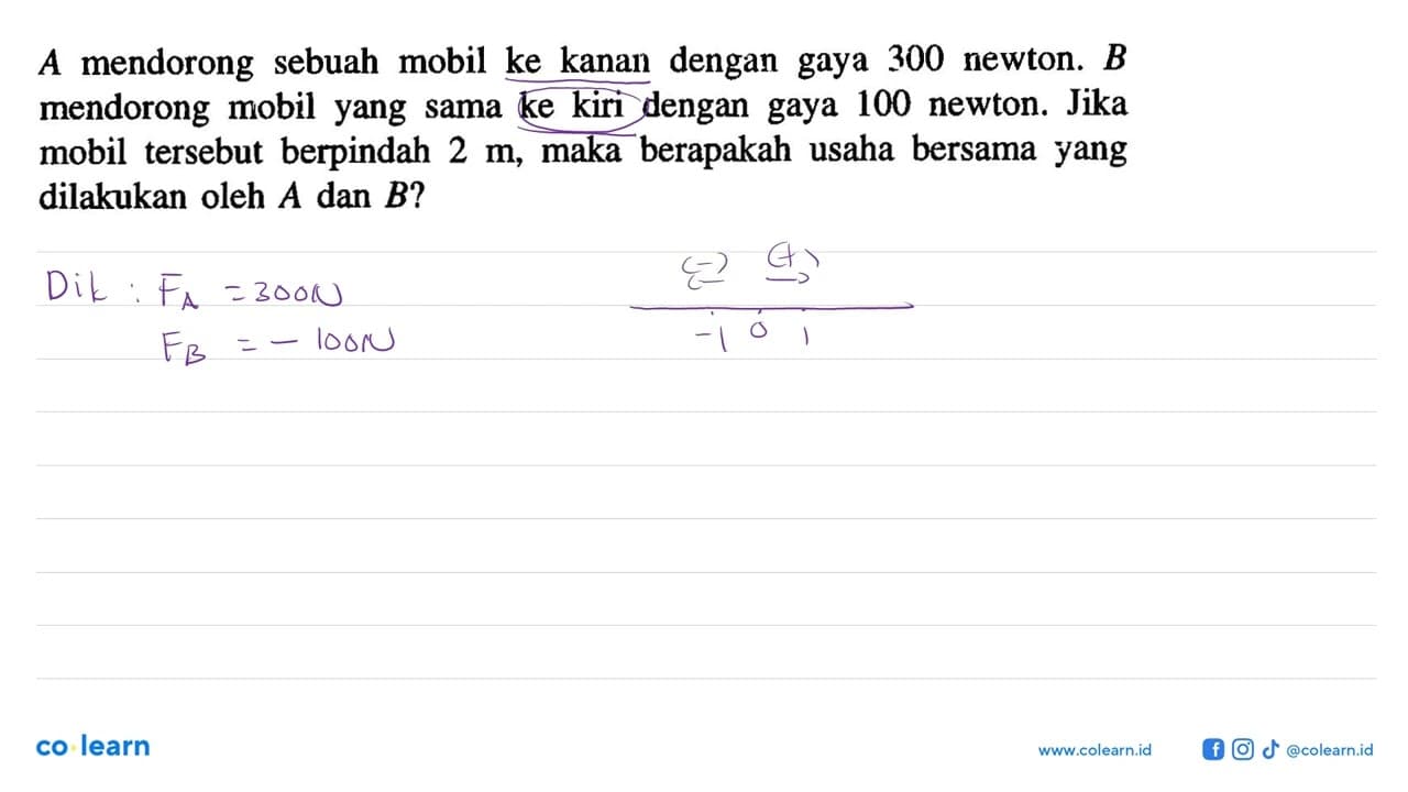 A mendorong sebuah mobil ke kanan dengan gaya 300 newton