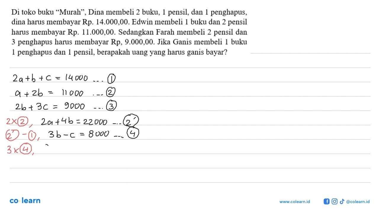 Di toko buku "Murah", Dina membeli 2 buku, 1 pensil, dan 1