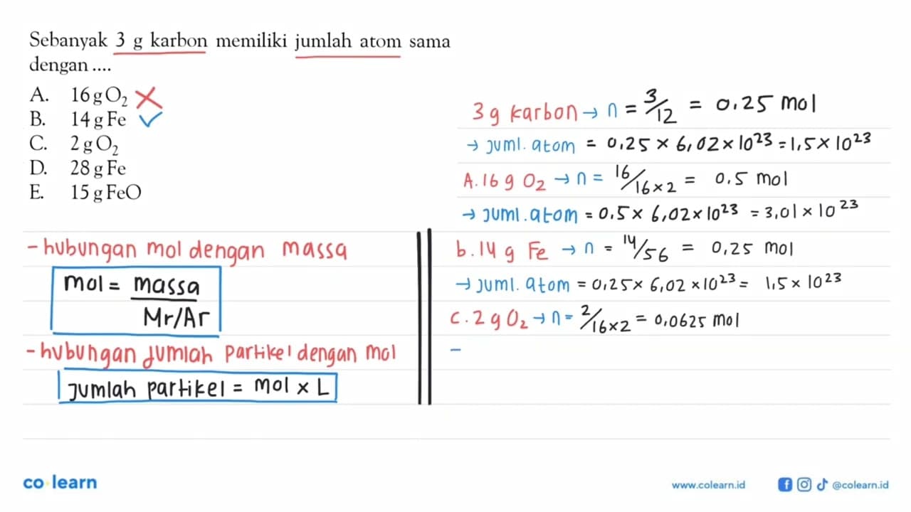 Sebanyak 3 g karbon memiliki jumlah atom sama dengan ....A.