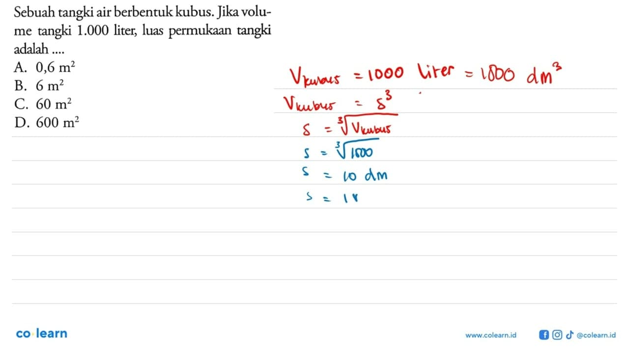 Sebuah tangki air berbentuk kubus. Jika volume tangki 1.000